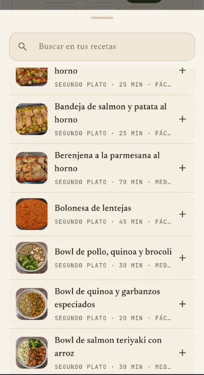 Pantalla móvil real para planificar el menú con catálogo de recetas