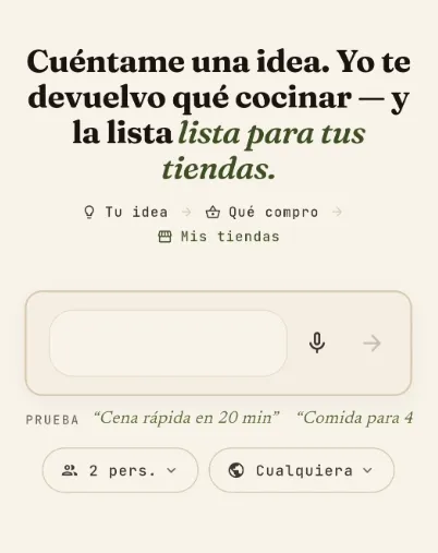Pantalla móvil real del Chef IA con prompt, opciones de comensales y tipo de cocina