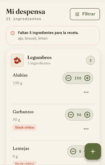 Pantalla móvil real de despensa con ingredientes, filtro y control rápido de cantidades