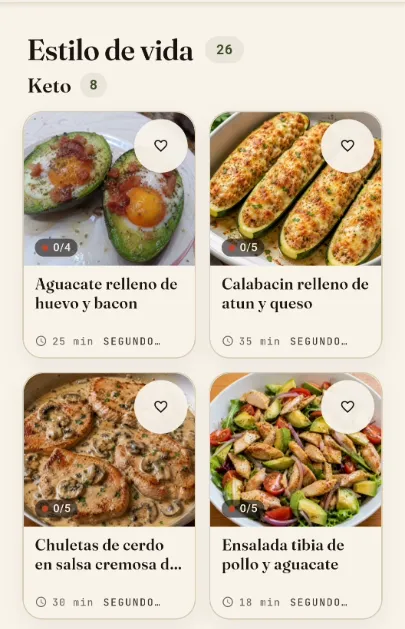 Pantalla móvil real de recetas filtradas por estilo de vida