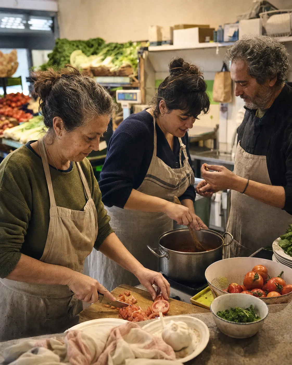 Tres personas del equipo de una tienda de barrio preparan juntas un plato con tomates y verduras del mostrador